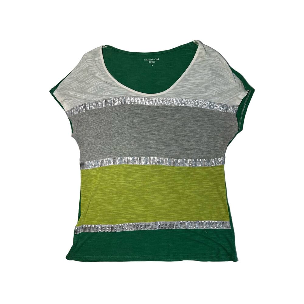 Coldwater Creek Green Striped Blouse Top Size Large